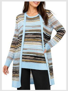 White House Black Market Cardigan Cami Set Blue Striped Pointelle M L